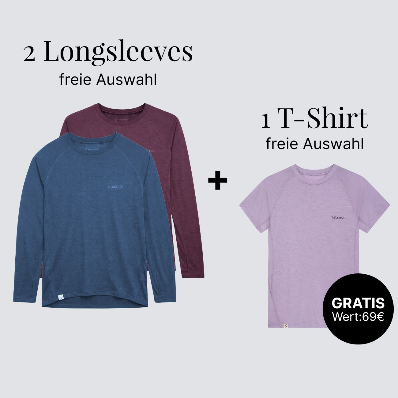 Merino Laufshirt Bundle, 2 Longsleeves + Gratis T-Shirt