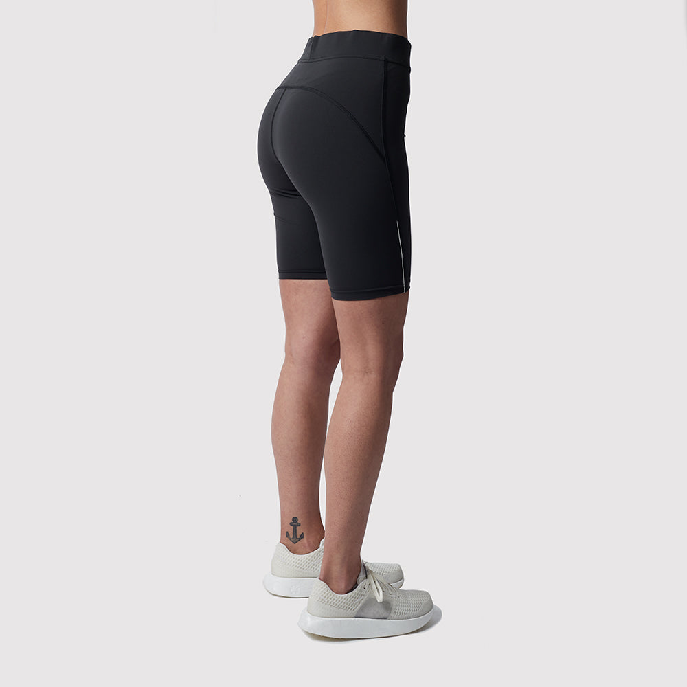 Kurze Lauftights Damen, schwarz, mit Tasche